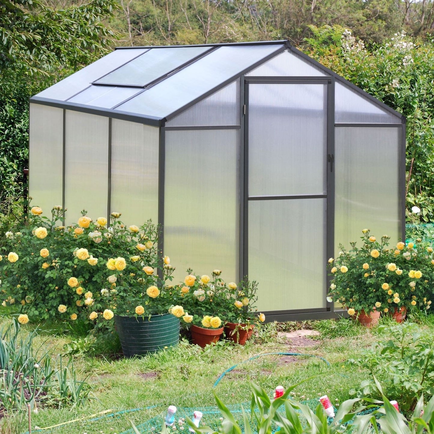 VEIKOUS Kit de serre de jardin en aluminium avec porte verrouillable et fenêtre de toit réglable, gris.