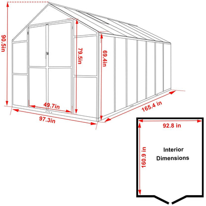 VEIKOUS Kit de serre de jardin en aluminium avec porte verrouillable et fenêtre de toit réglable, gris.