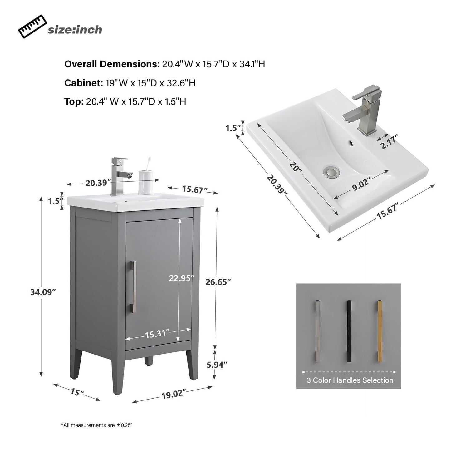 Meuble-lavabo de salle de bain Vanity Art avec lavabo simple, plateau en céramique, disponible en 20, 24 ou 30 pouces.
