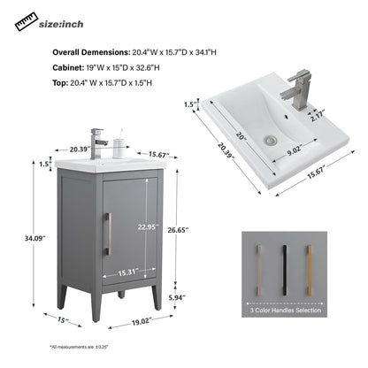 Meuble-lavabo de salle de bain Vanity Art avec lavabo simple, plateau en céramique, disponible en 20, 24 ou 30 pouces.