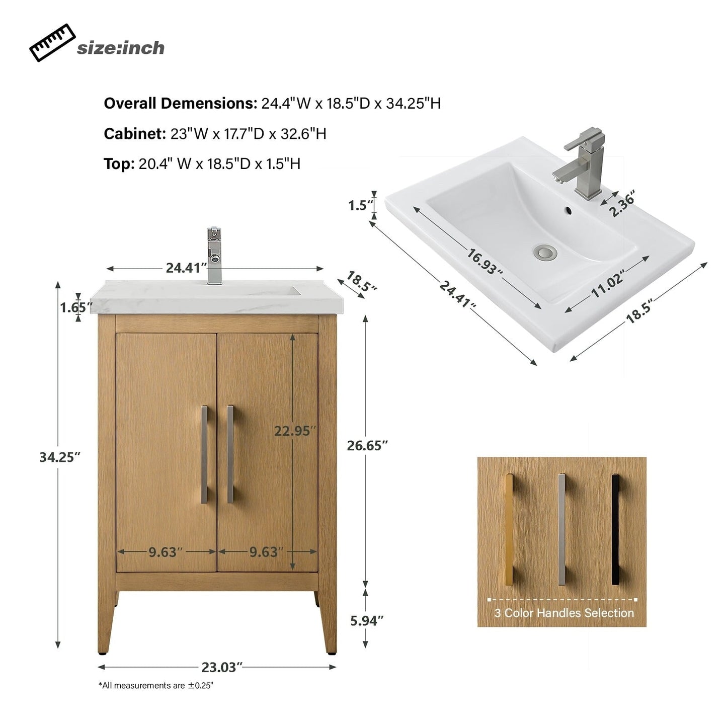 Meuble-lavabo de salle de bain Vanity Art avec lavabo simple, plateau en céramique, disponible en 20, 24 ou 30 pouces.