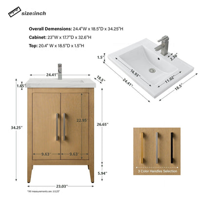 Meuble-lavabo de salle de bain Vanity Art avec lavabo simple, plateau en céramique, disponible en 20, 24 ou 30 pouces.