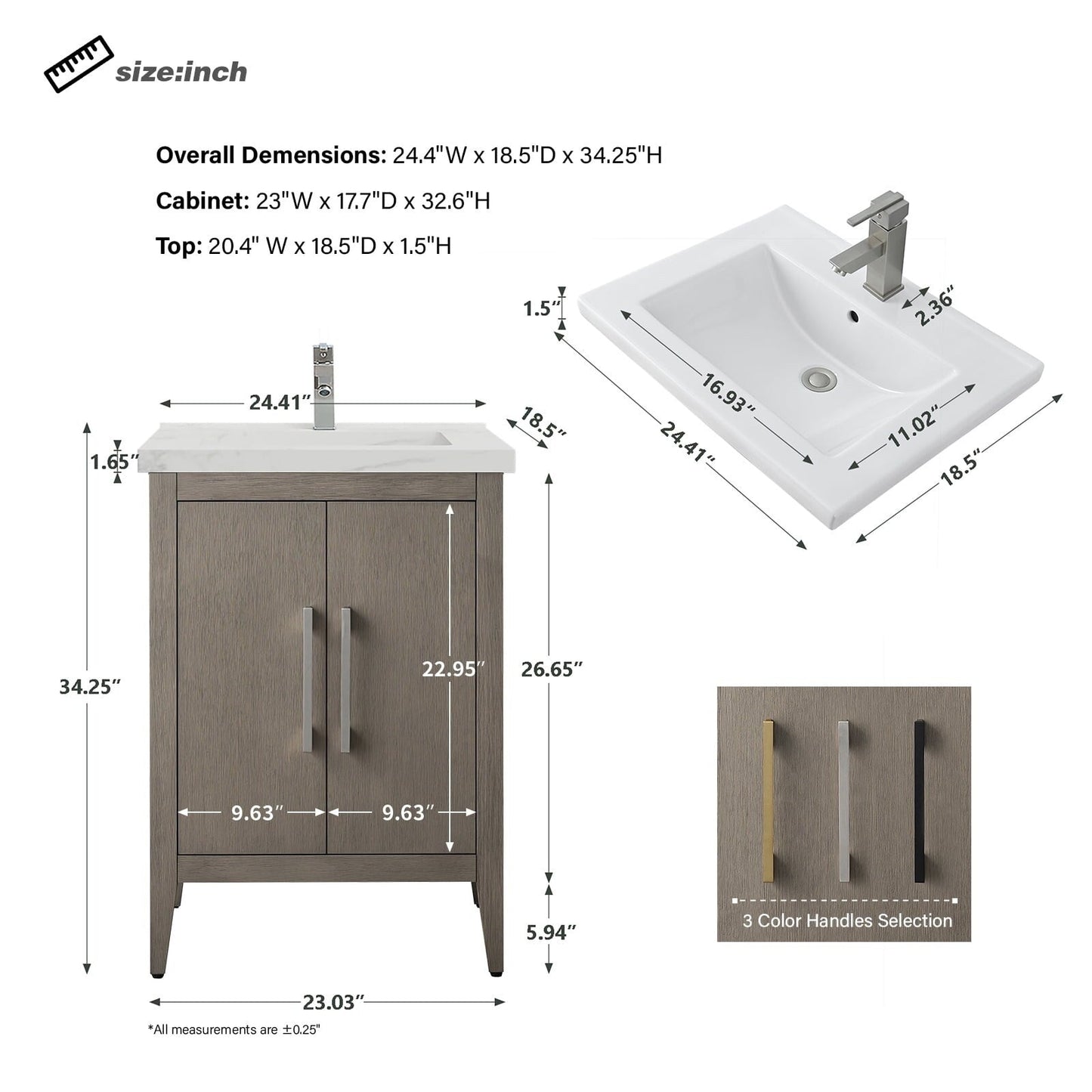 Meuble-lavabo de salle de bain Vanity Art avec lavabo simple, plateau en céramique, disponible en 20, 24 ou 30 pouces.