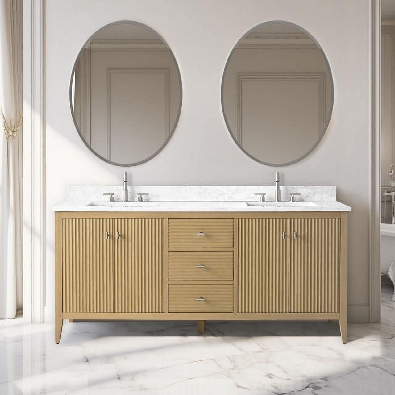 Meuble-lavabo de salle de bain Art 72 avec double lavabo et dessus en marbre synthétique.