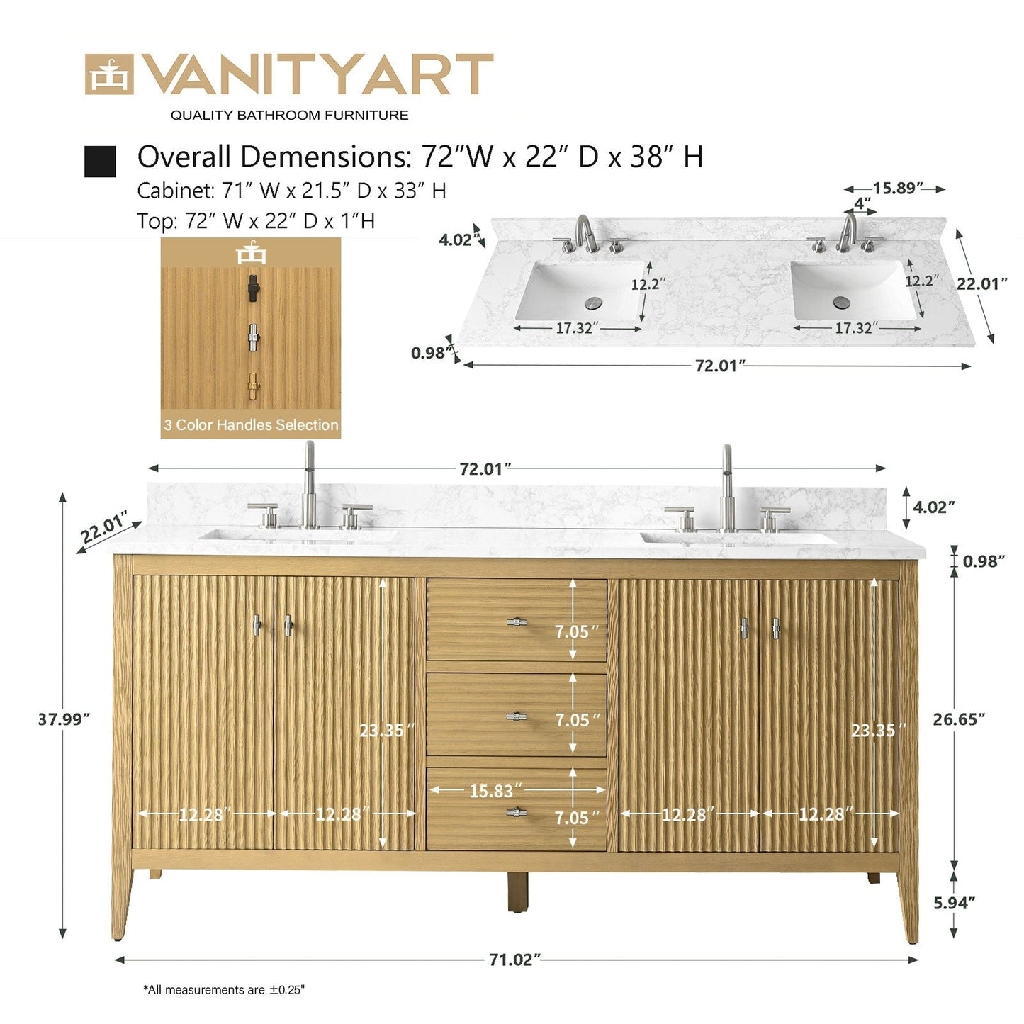 Meuble-lavabo de salle de bain Art 72 avec double lavabo et dessus en marbre synthétique.