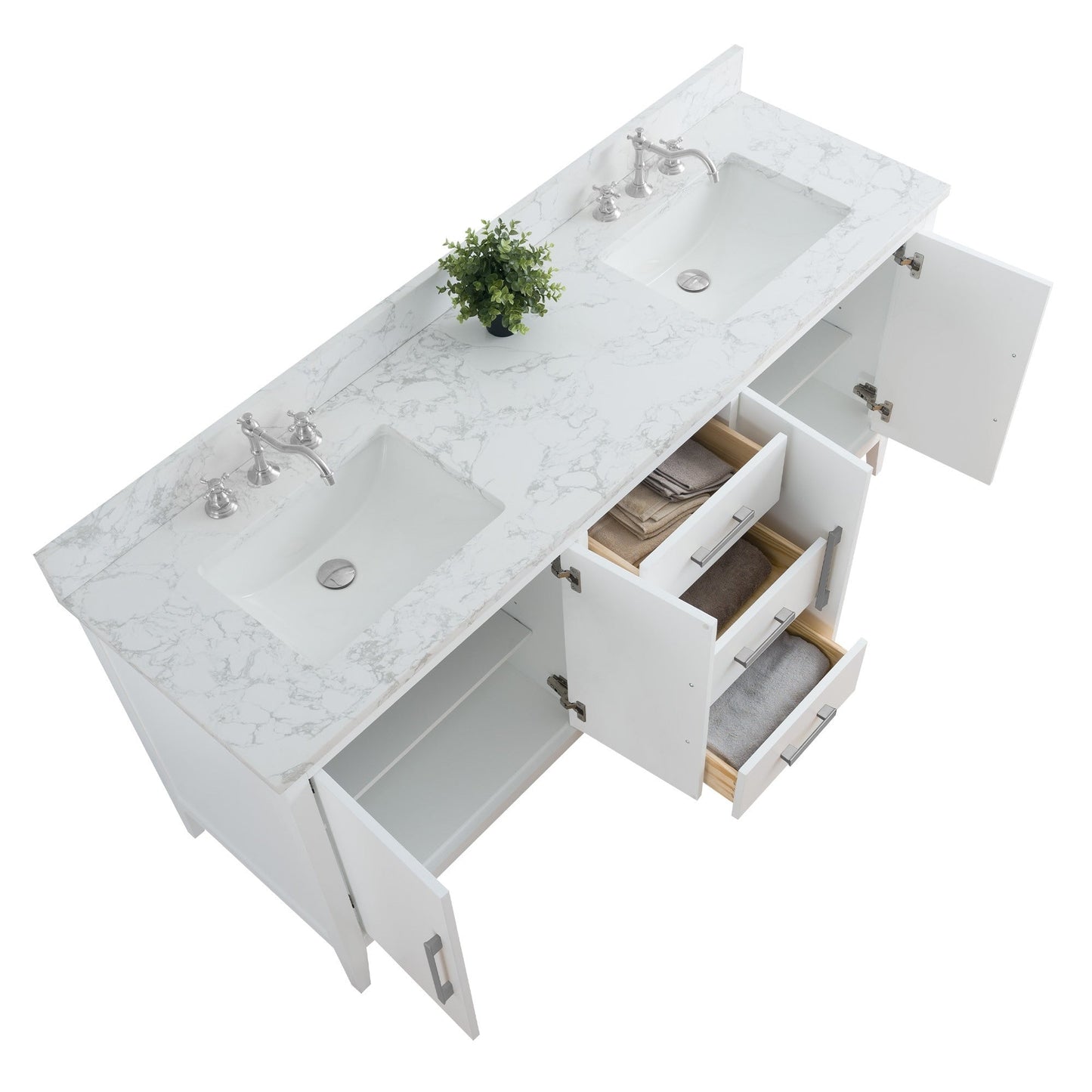 Meuble-lavabo de salle de bain Art 72 avec double lavabo et dessus en marbre synthétique.