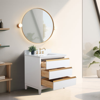 Meuble-lavabo Vanity Art avec lavabo en céramique et plan de travail en marbre composite.