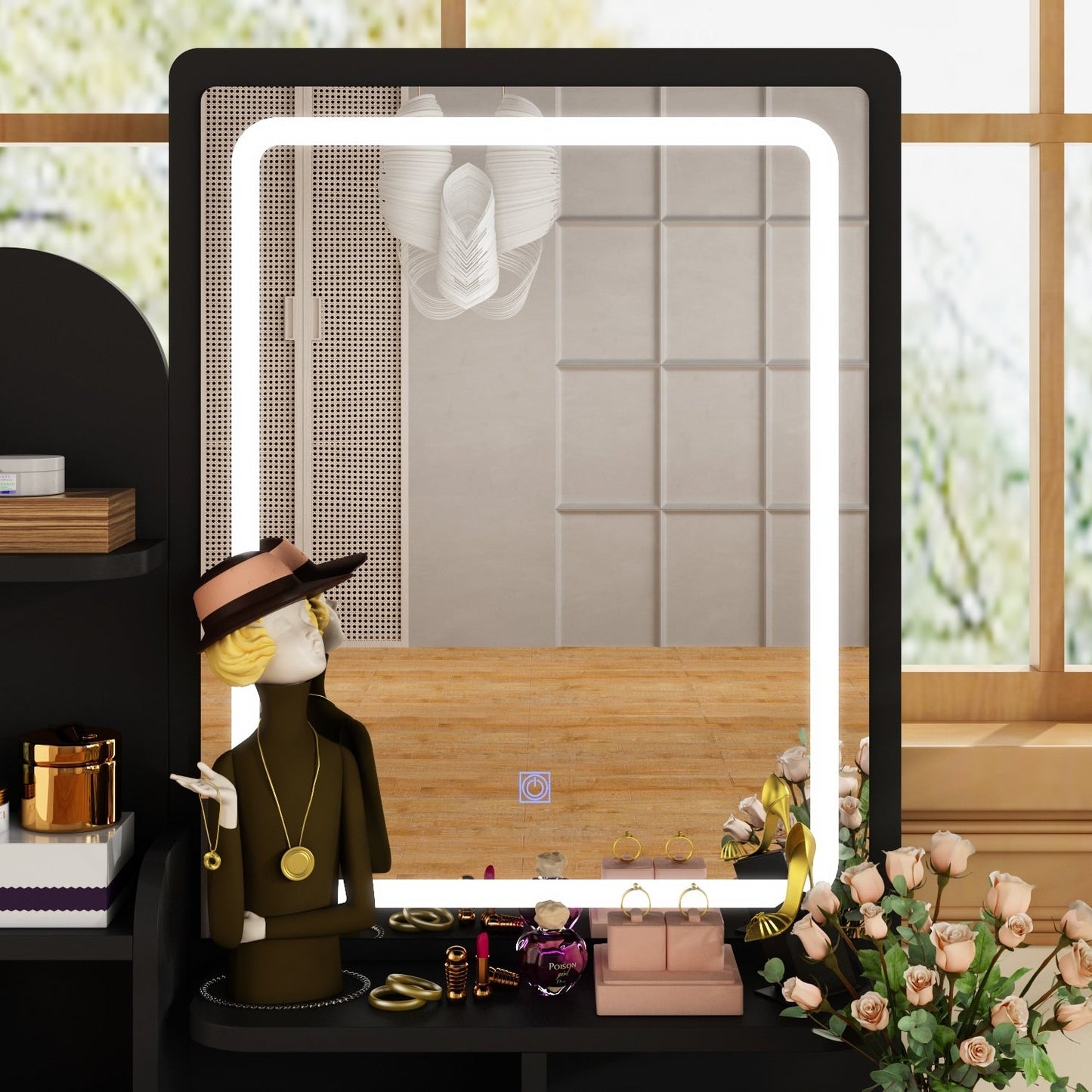 Coiffeuse avec miroir et lampe, table de maquillage et de coiffure avec tabouret.