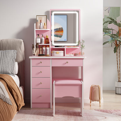Coiffeuse avec miroir et lampe, table de maquillage et de coiffure avec tabouret.