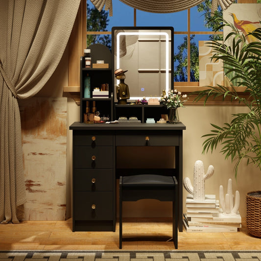 Coiffeuse avec miroir et lampe, table de maquillage et de coiffure avec tabouret.