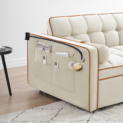 Canapé-lit convertible en velours de 139 cm (55 pouces) à 2 places avec lit escamotable, dossier inclinable, poches latérales et porte-téléphone.