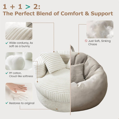 WOWMAX Chaise longue ronde 47 pouces pour intérieur, canapé de sol en velours côtelé, fauteuil gigogne surdimensionné avec 2 coussins décoratifs