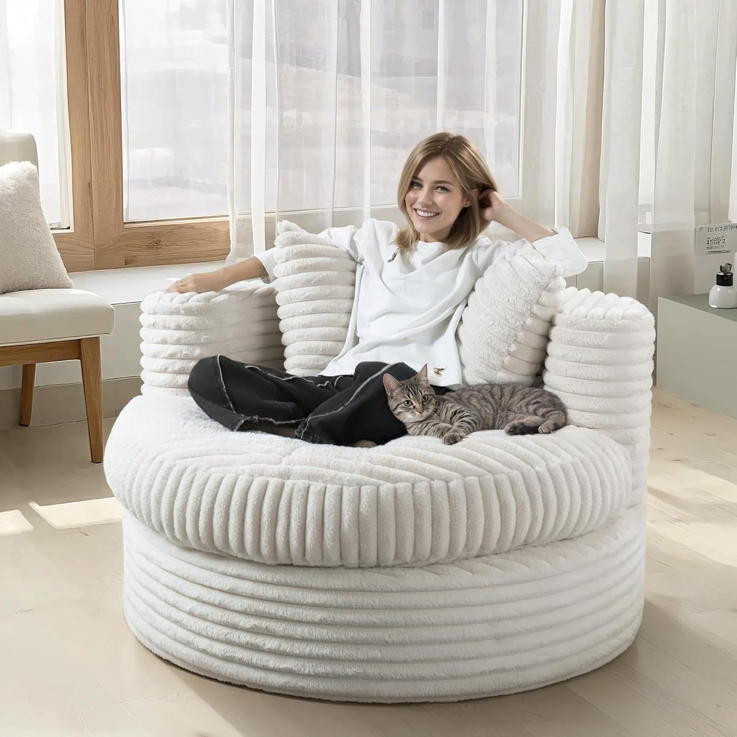 WOWMAX Chaise longue ronde 47 pouces pour intérieur, canapé de sol en velours côtelé, fauteuil gigogne surdimensionné avec 2 coussins décoratifs