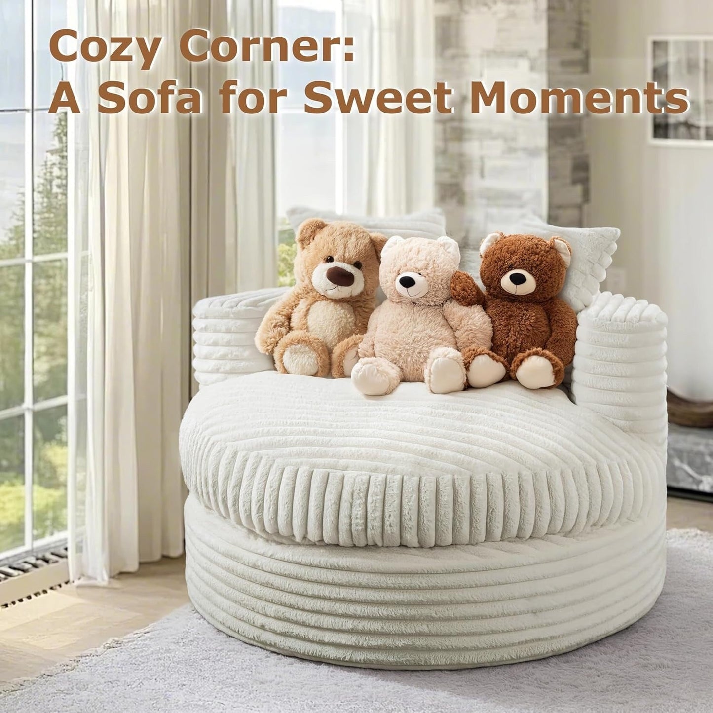 WOWMAX Chaise longue ronde 47 pouces pour intérieur, canapé de sol en velours côtelé, fauteuil gigogne surdimensionné avec 2 coussins décoratifs