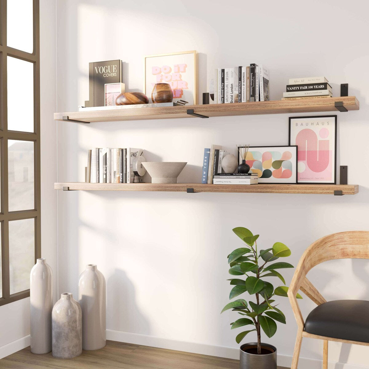 Wallniture Forte, étagères flottantes de 72 pouces, lot de 2, bois brûlé.