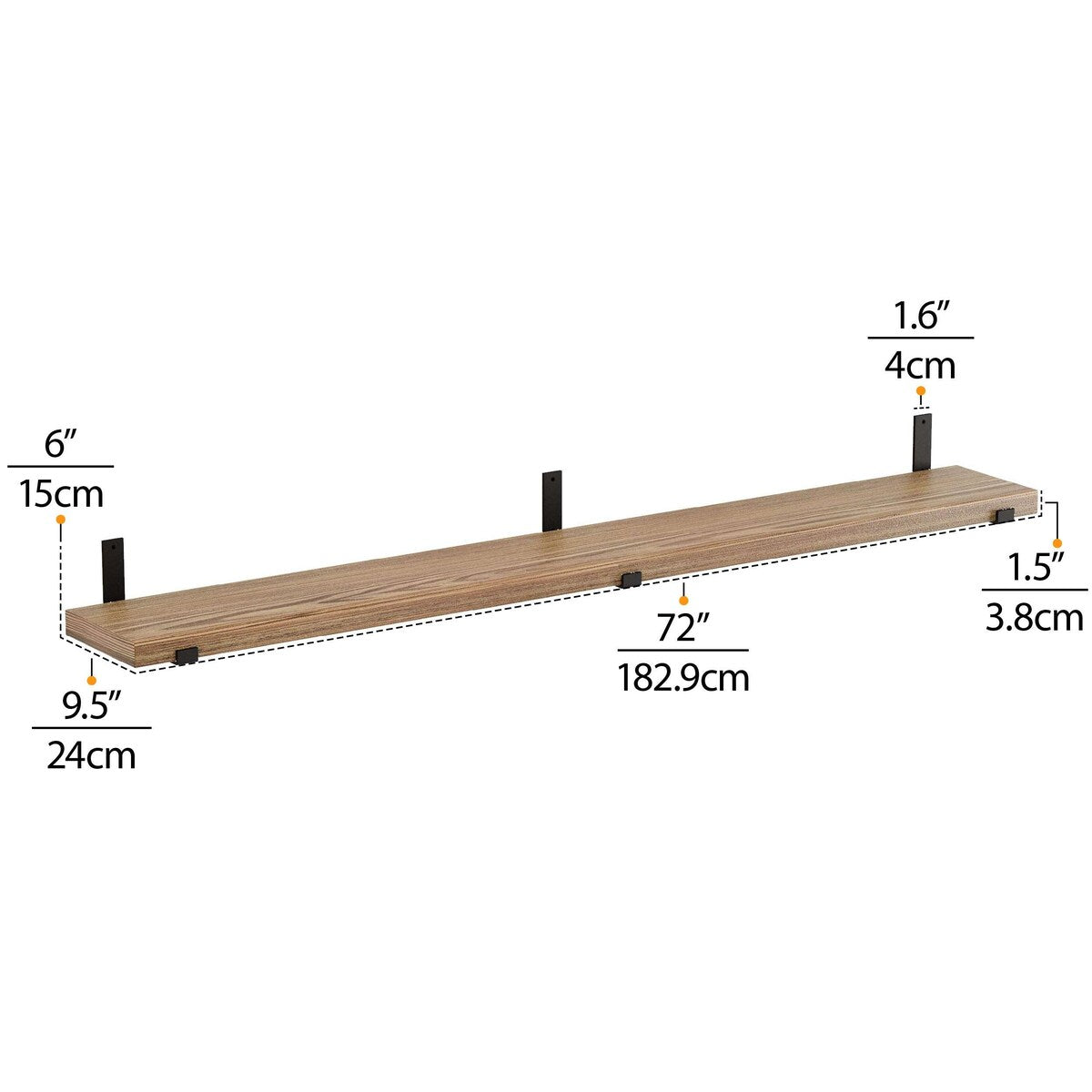 Wallniture Forte, étagères flottantes de 72 pouces, lot de 2, bois brûlé.