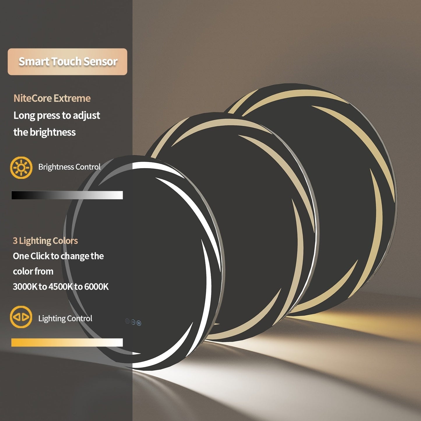 Miropoir de salle de bain à LED étanche, avec éclairage tactile, anti-buée, vanité, intensité variable.