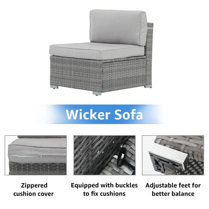 Ensemble de canapé d'extérieur modulable en osier et acier avec coussins, 7 pièces