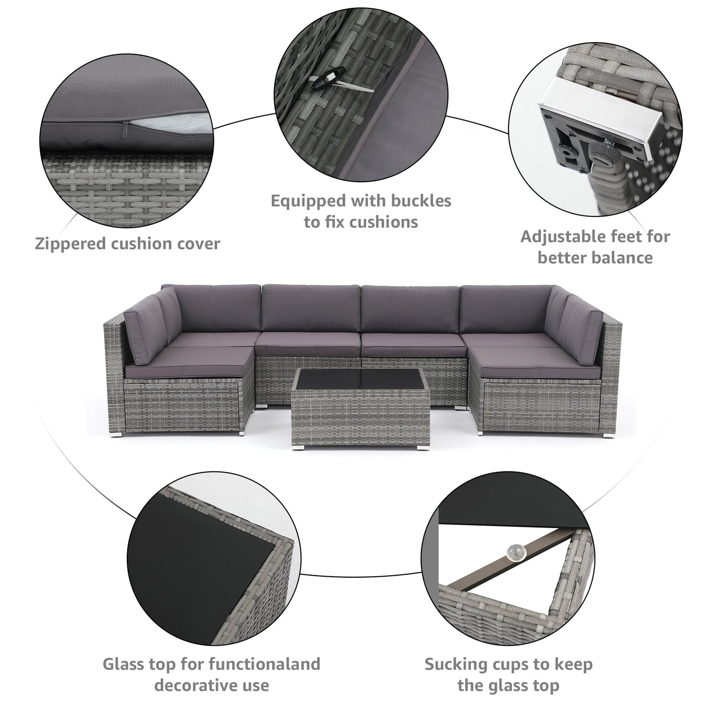 Ensemble de canapé d'extérieur modulable en osier et acier avec coussins, 7 pièces