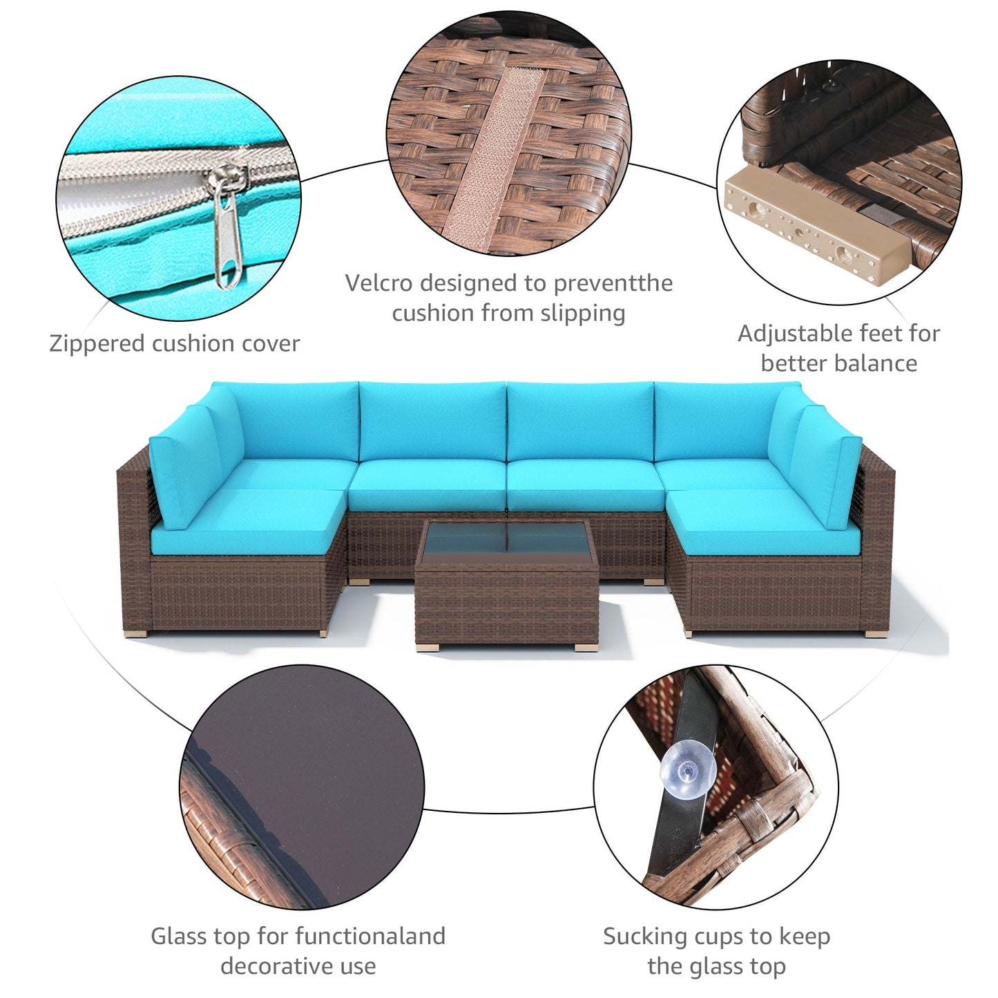 Ensemble de canapé d'extérieur modulable en osier et acier avec coussins, 7 pièces