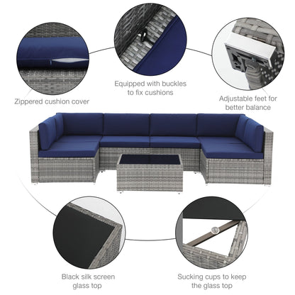 Ensemble de canapé d'extérieur modulable en osier et acier avec coussins, 7 pièces