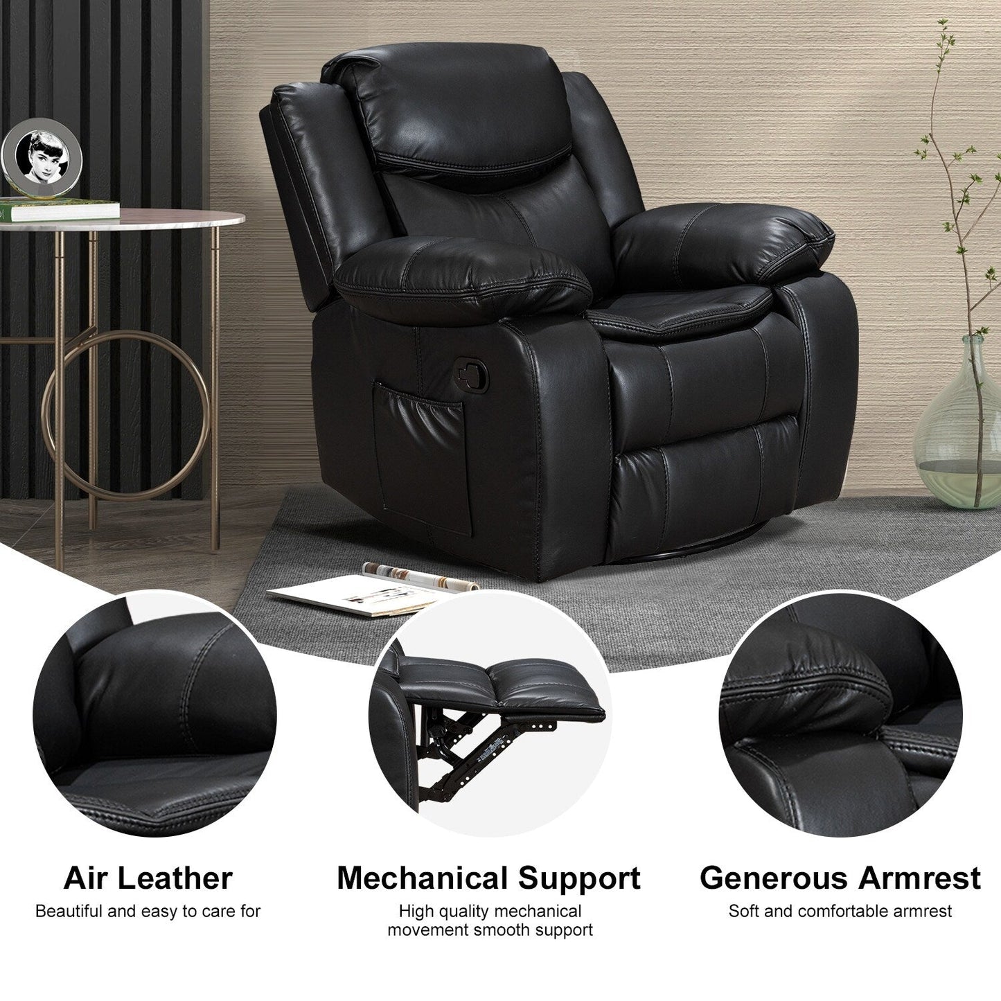 Fauteuil inclinable large en cuir durable avec massage et chauffage.