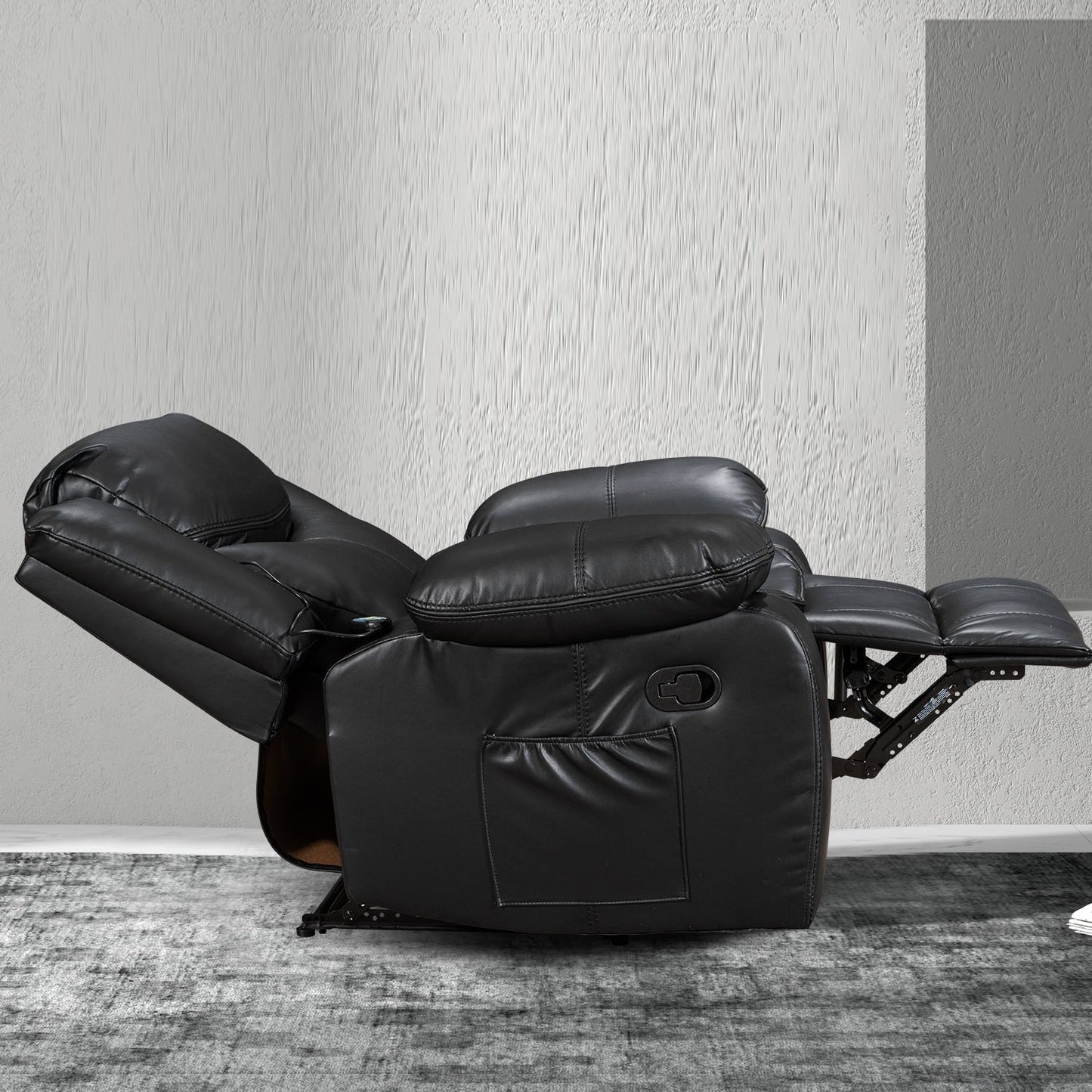 Fauteuil inclinable large en cuir durable avec massage et chauffage.