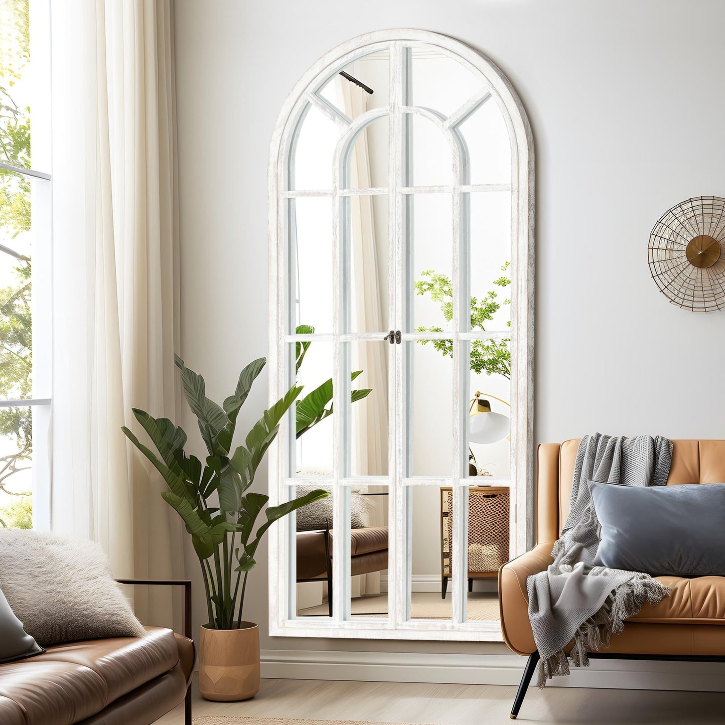 Miroir à fenêtre, miroir en bois incurvé, 180 cm (L) x 79 cm (l)