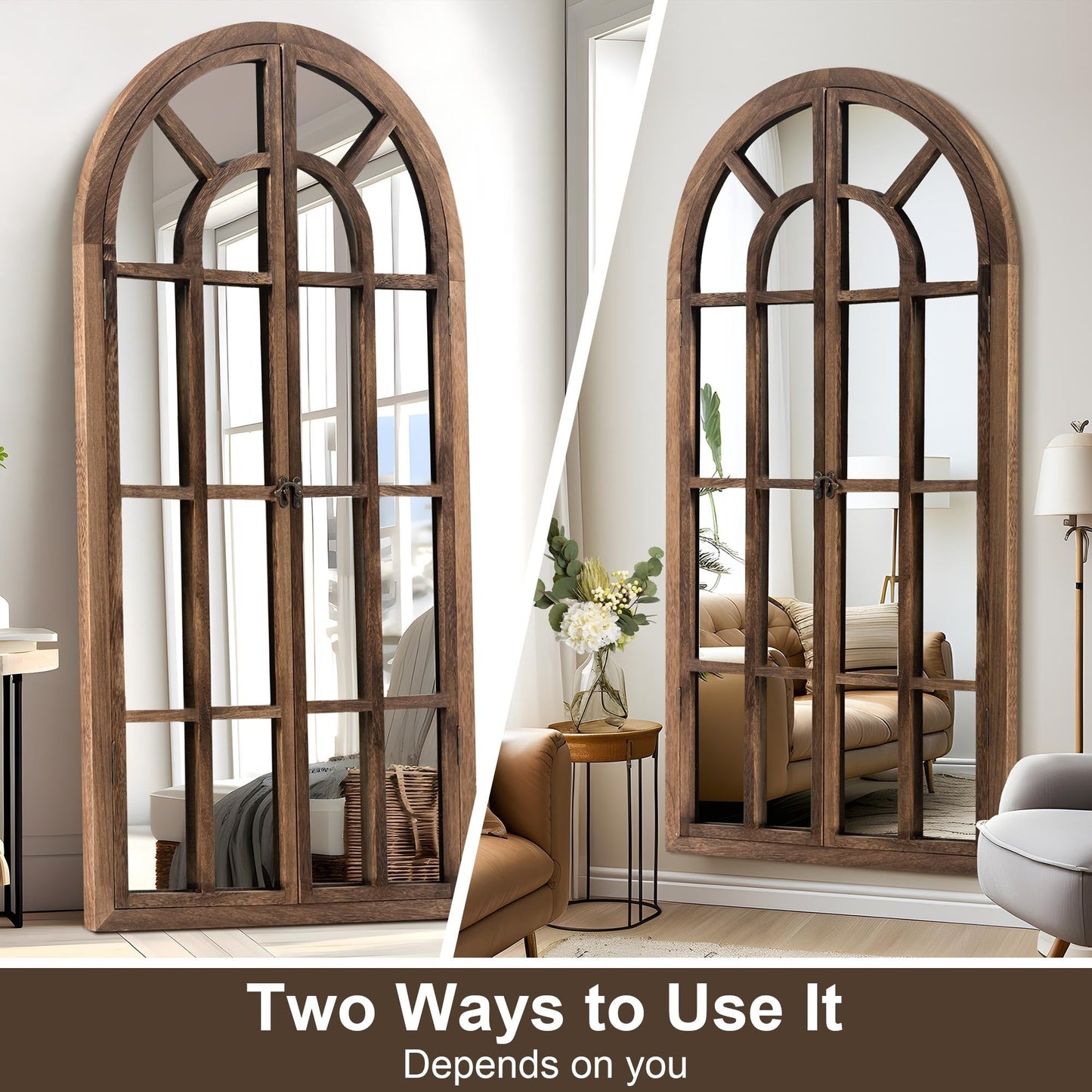 Miroir à fenêtre, miroir en bois incurvé, 180 cm (L) x 79 cm (l)