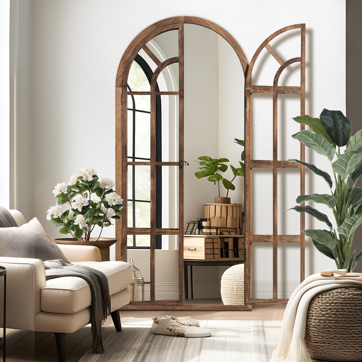 Miroir à fenêtre, miroir en bois incurvé, 180 cm (L) x 79 cm (l)