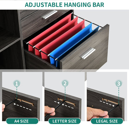 Meuble de rangement en bois avec station de recharge, classeur latéral mobile, verrouillable, compatible avec les dossiers A4, lettres et documents légaux.