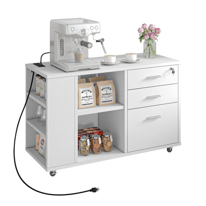 Meuble de rangement en bois avec station de recharge, classeur latéral mobile, verrouillable, compatible avec les dossiers A4, lettres et documents légaux.