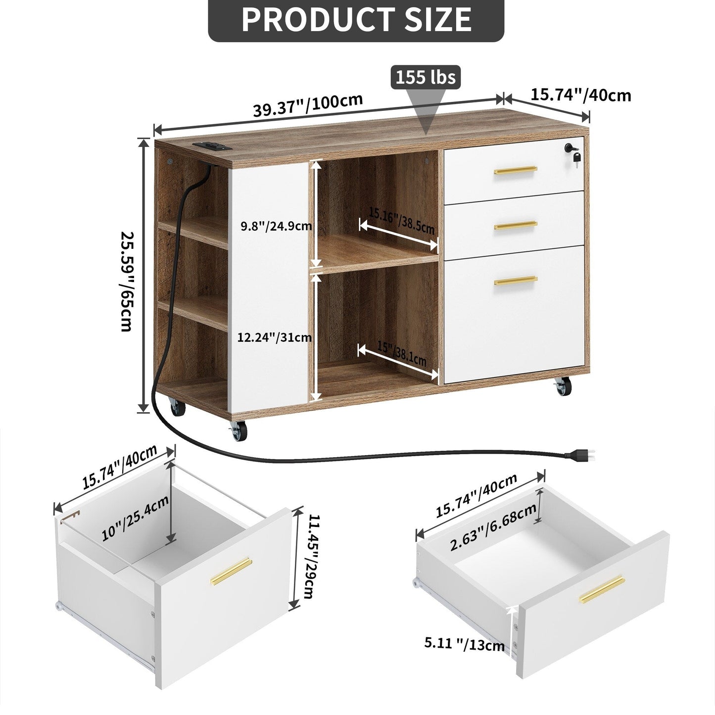 Meuble de rangement en bois avec station de recharge, classeur latéral mobile, verrouillable, compatible avec les dossiers A4, lettres et documents légaux.