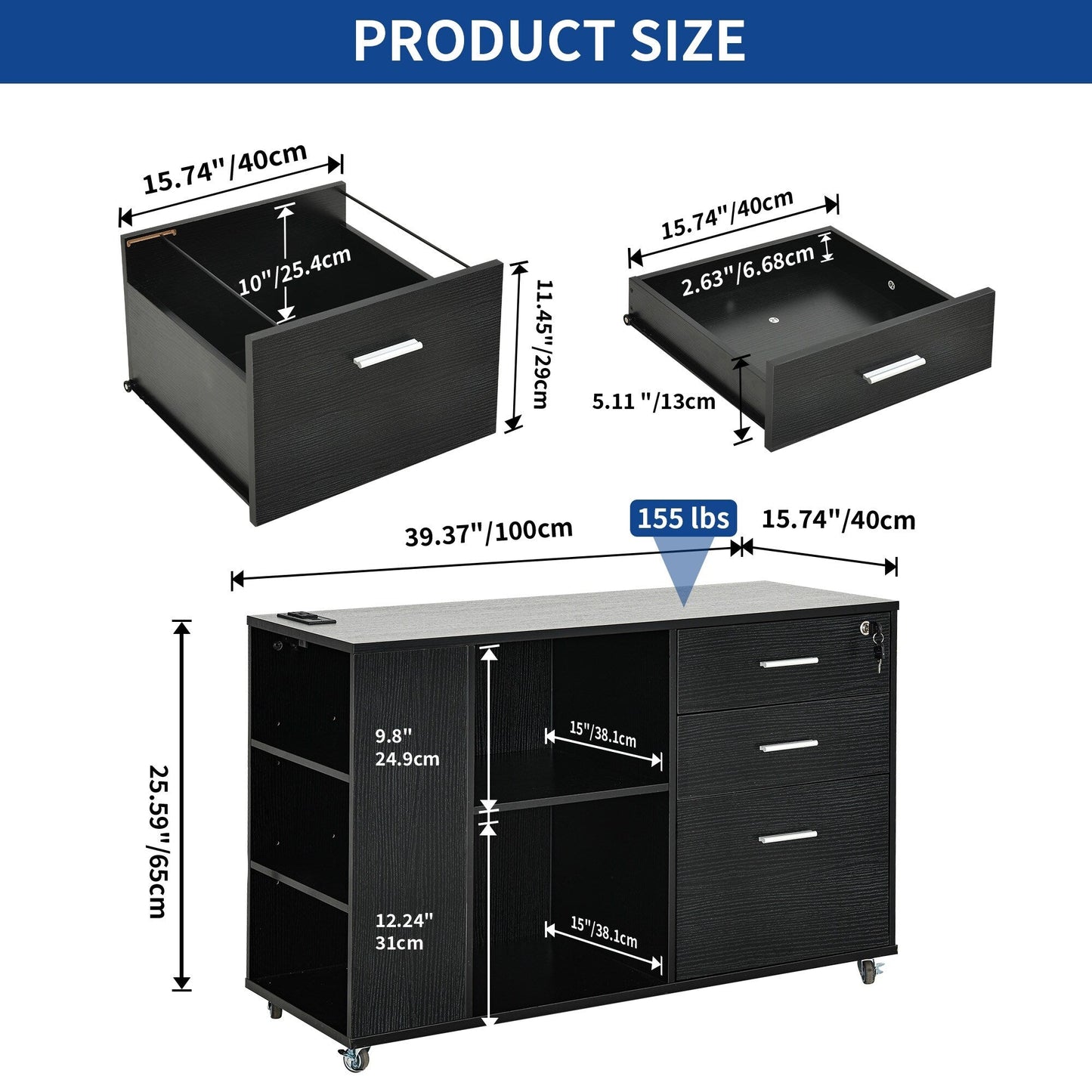 Meuble de rangement en bois avec station de recharge, classeur latéral mobile, verrouillable, compatible avec les dossiers A4, lettres et documents légaux.