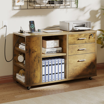 Meuble de rangement en bois avec station de recharge, classeur latéral mobile, verrouillable, compatible avec les dossiers A4, lettres et documents légaux.
