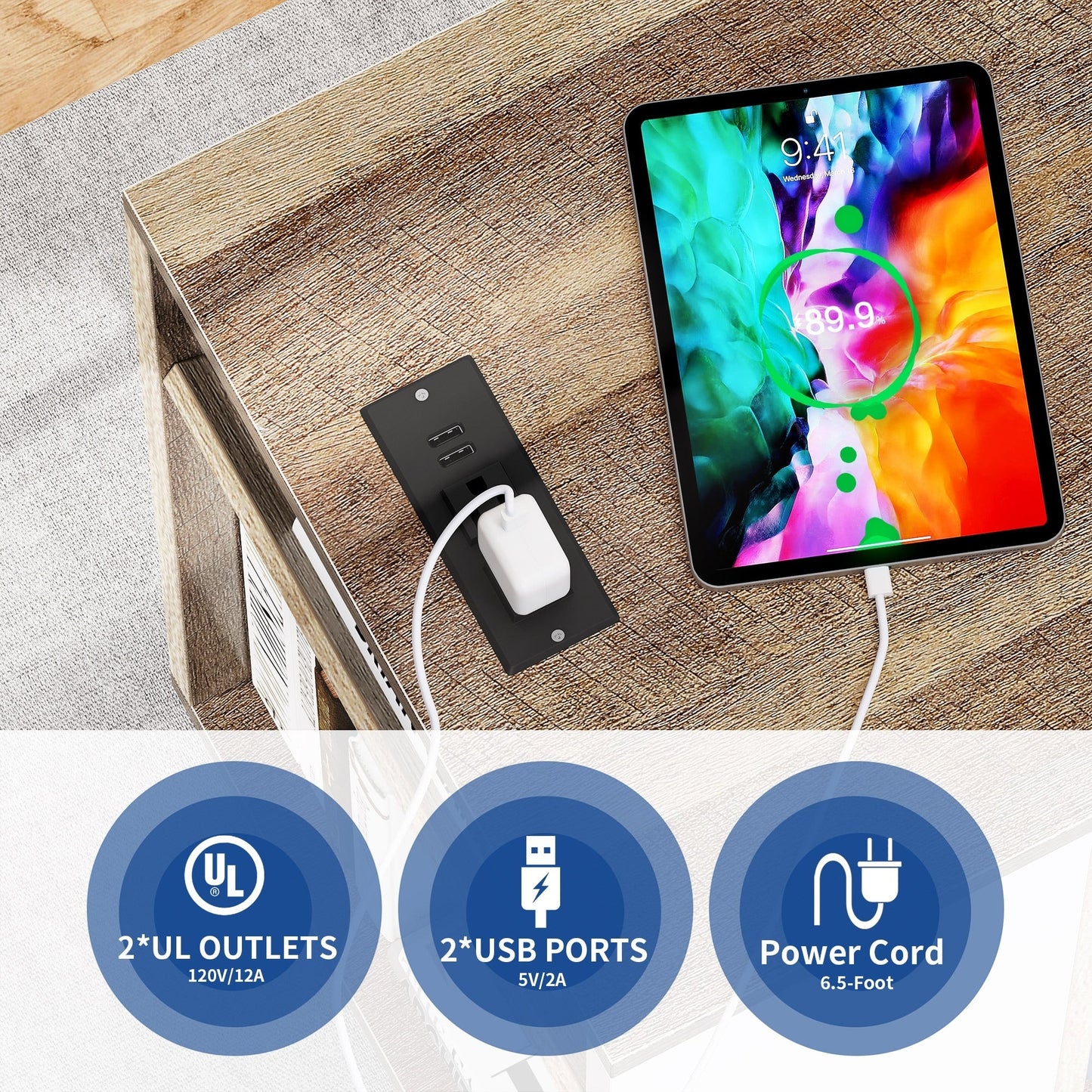 Meuble de rangement en bois avec station de recharge, classeur latéral mobile, verrouillable, compatible avec les dossiers A4, lettres et documents légaux.