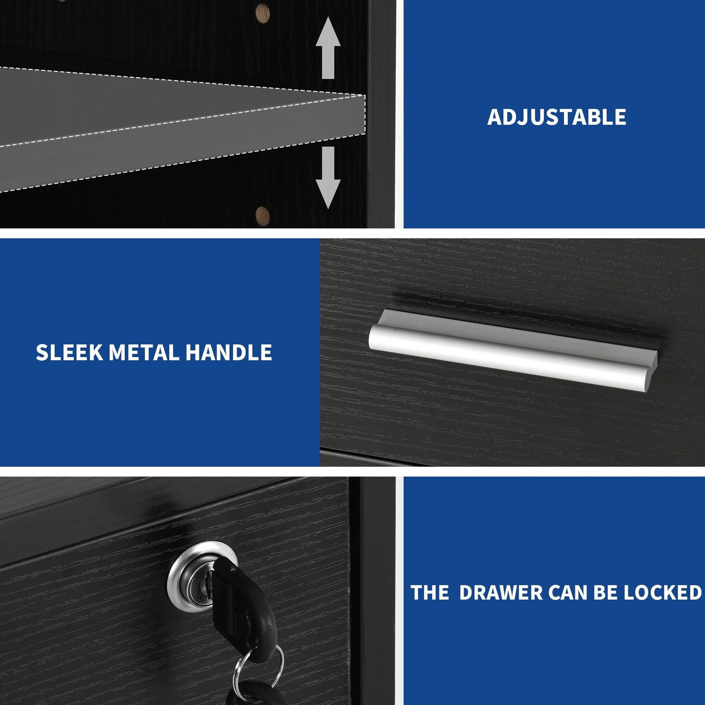 Meuble de rangement en bois avec station de recharge, classeur latéral mobile, verrouillable, compatible avec les dossiers A4, lettres et documents légaux.