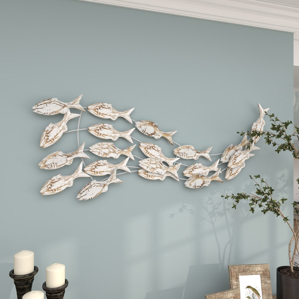Poisson en bois fait à la main, décoration murale pour la maison, effet vieilli brun - Blanc - Roche River Decor