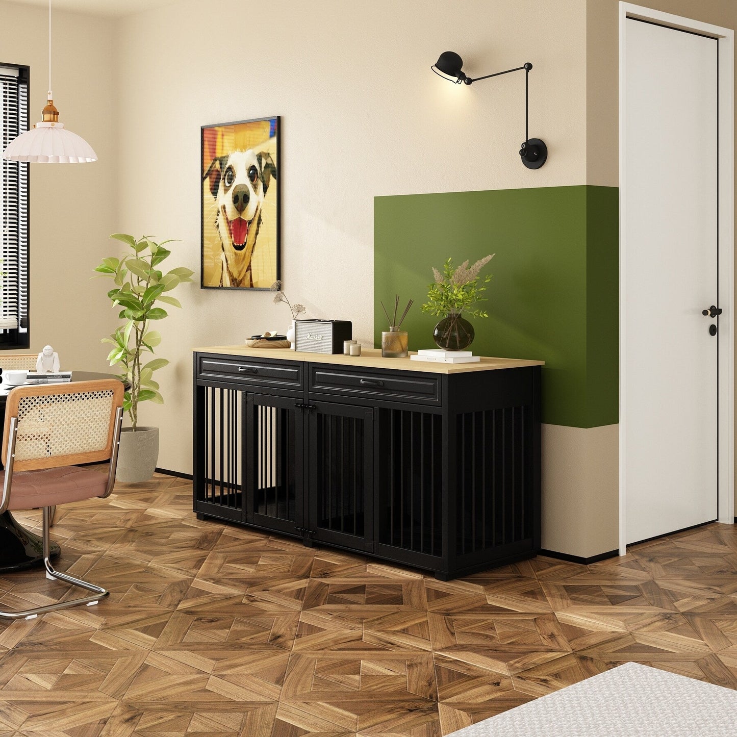 Meuble en bois pour chenil double pour chien avec 2 tiroirs et séparateur