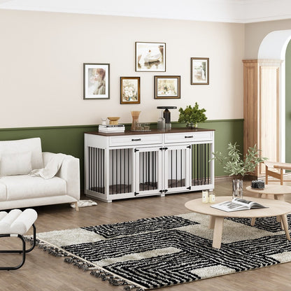 Meuble en bois pour chenil double pour chien avec 2 tiroirs et séparateur