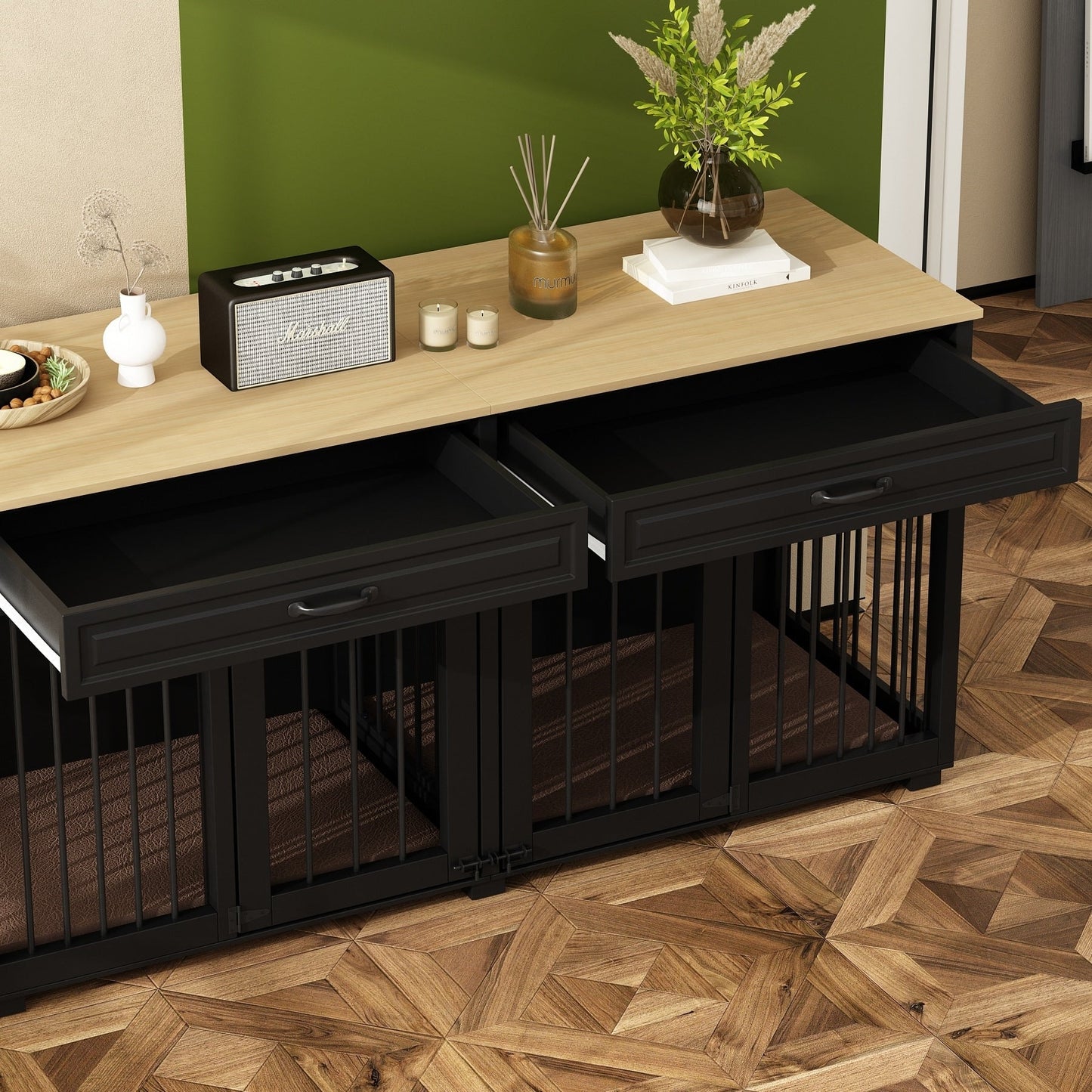 Meuble en bois pour chenil double pour chien avec 2 tiroirs et séparateur