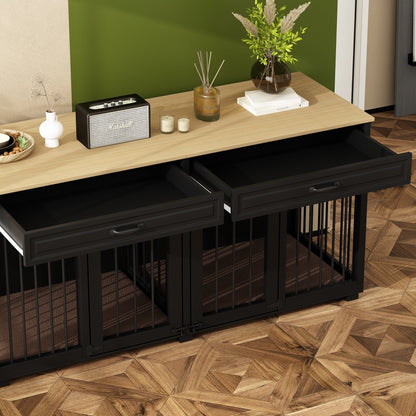 Meuble en bois pour chenil double pour chien avec 2 tiroirs et séparateur