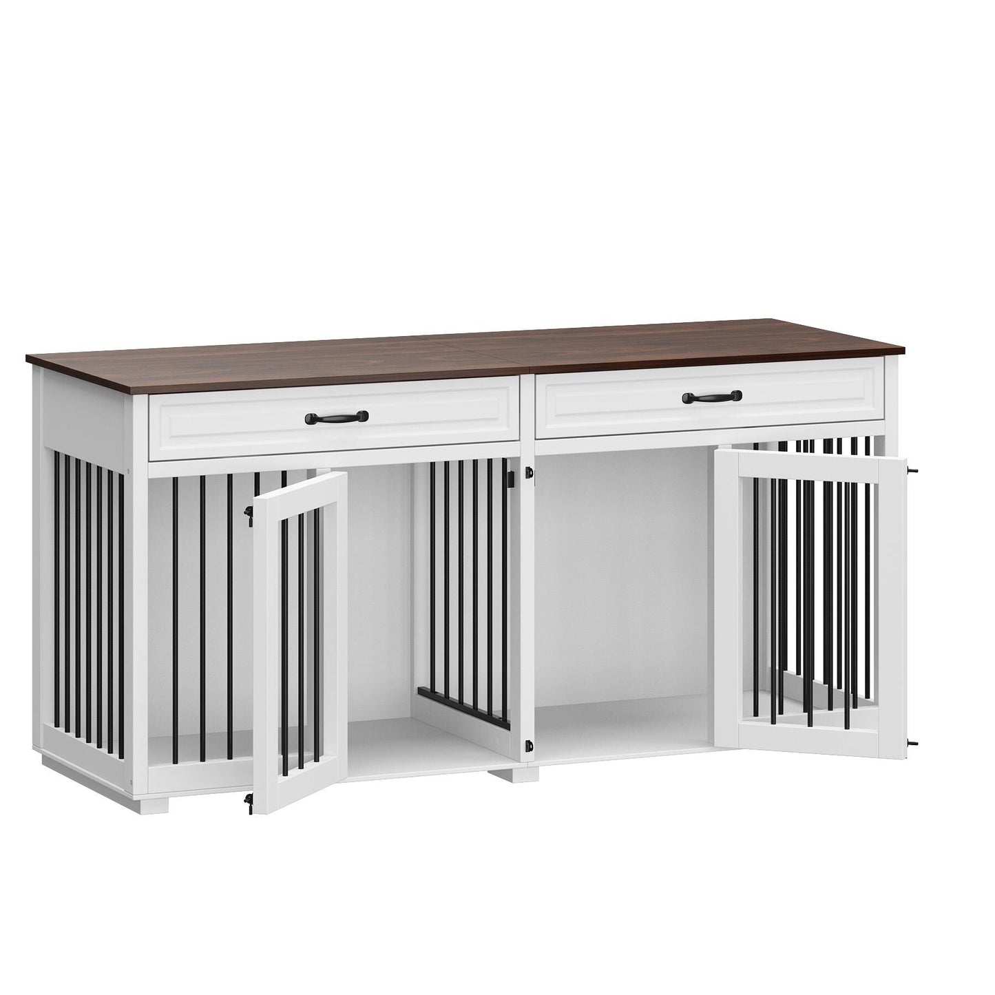 Meuble en bois pour chenil double pour chien avec 2 tiroirs et séparateur