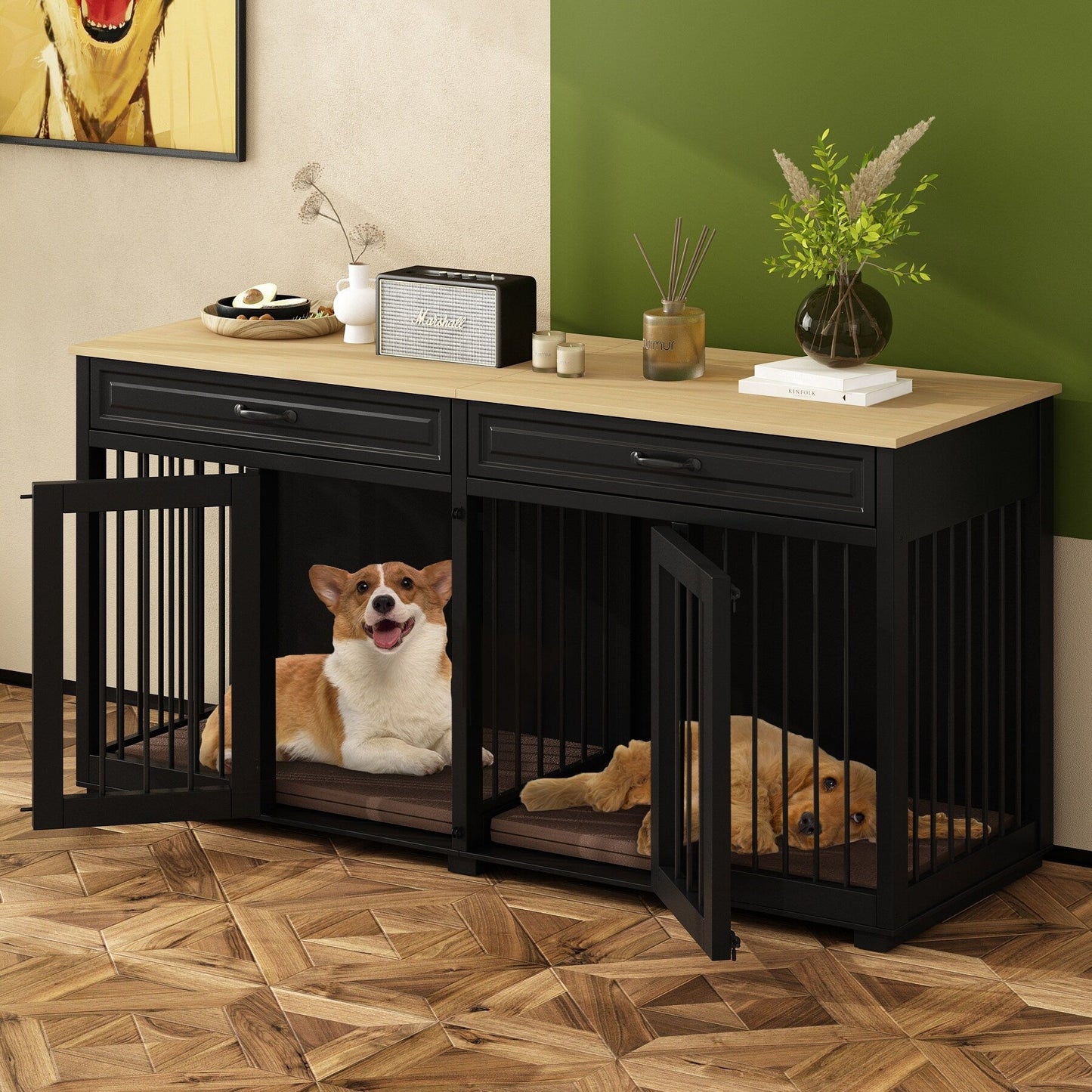 Meuble en bois pour chenil double pour chien avec 2 tiroirs et séparateur