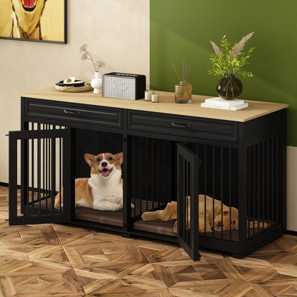 Meuble en bois pour chenil double pour chien avec 2 tiroirs et séparateur