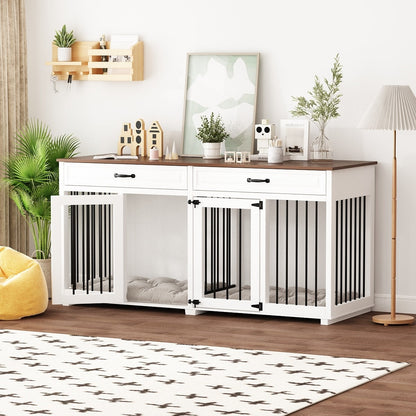 Meuble en bois pour chenil double pour chien avec 2 tiroirs et séparateur