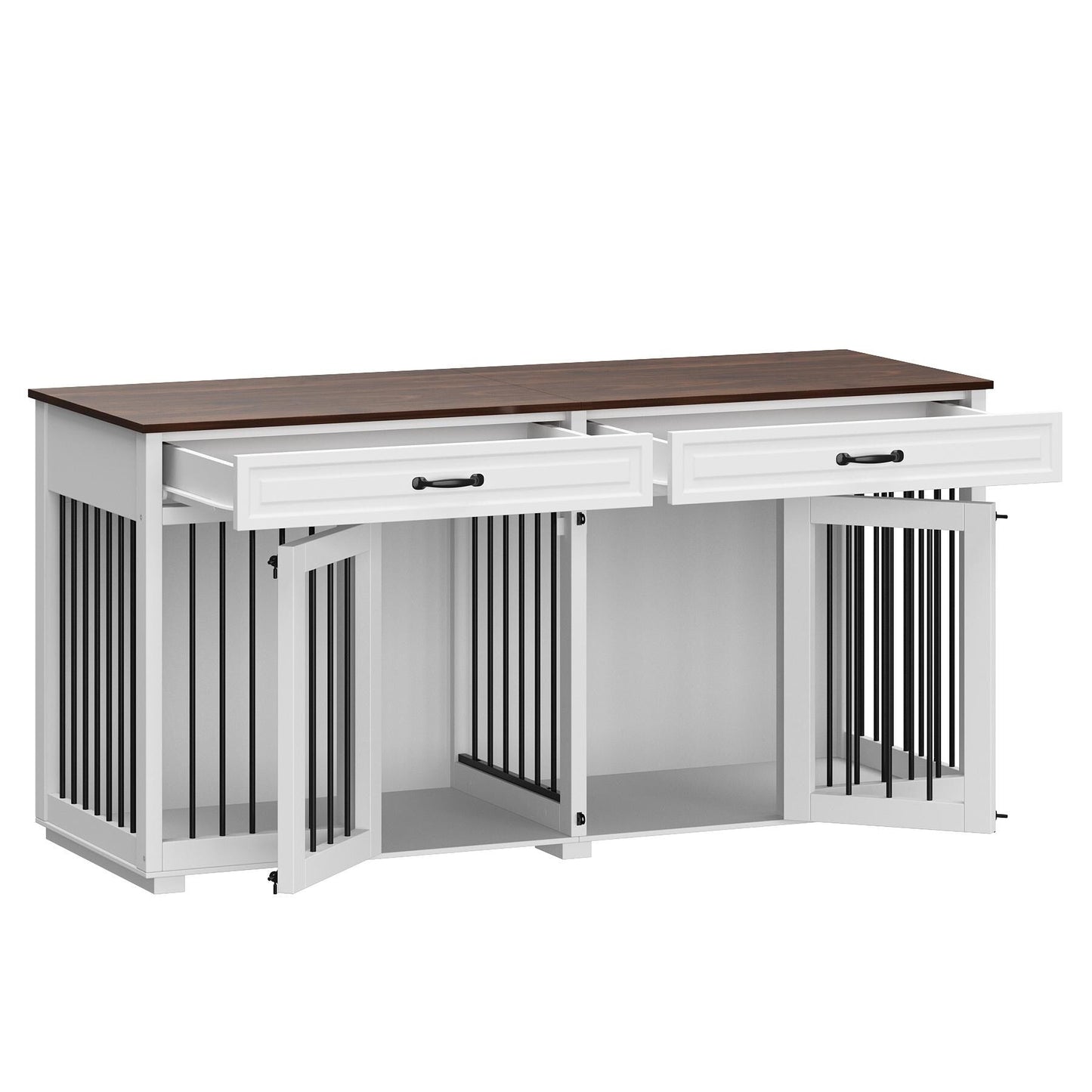 Meuble en bois pour chenil double pour chien avec 2 tiroirs et séparateur