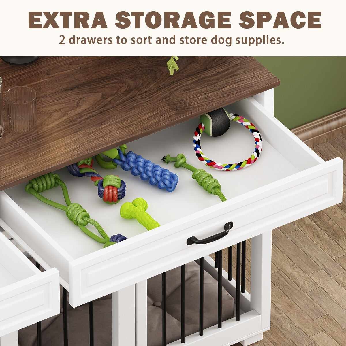 Meuble en bois pour chenil double pour chien avec 2 tiroirs et séparateur