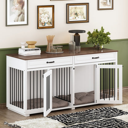 Meuble en bois pour chenil double pour chien avec 2 tiroirs et séparateur