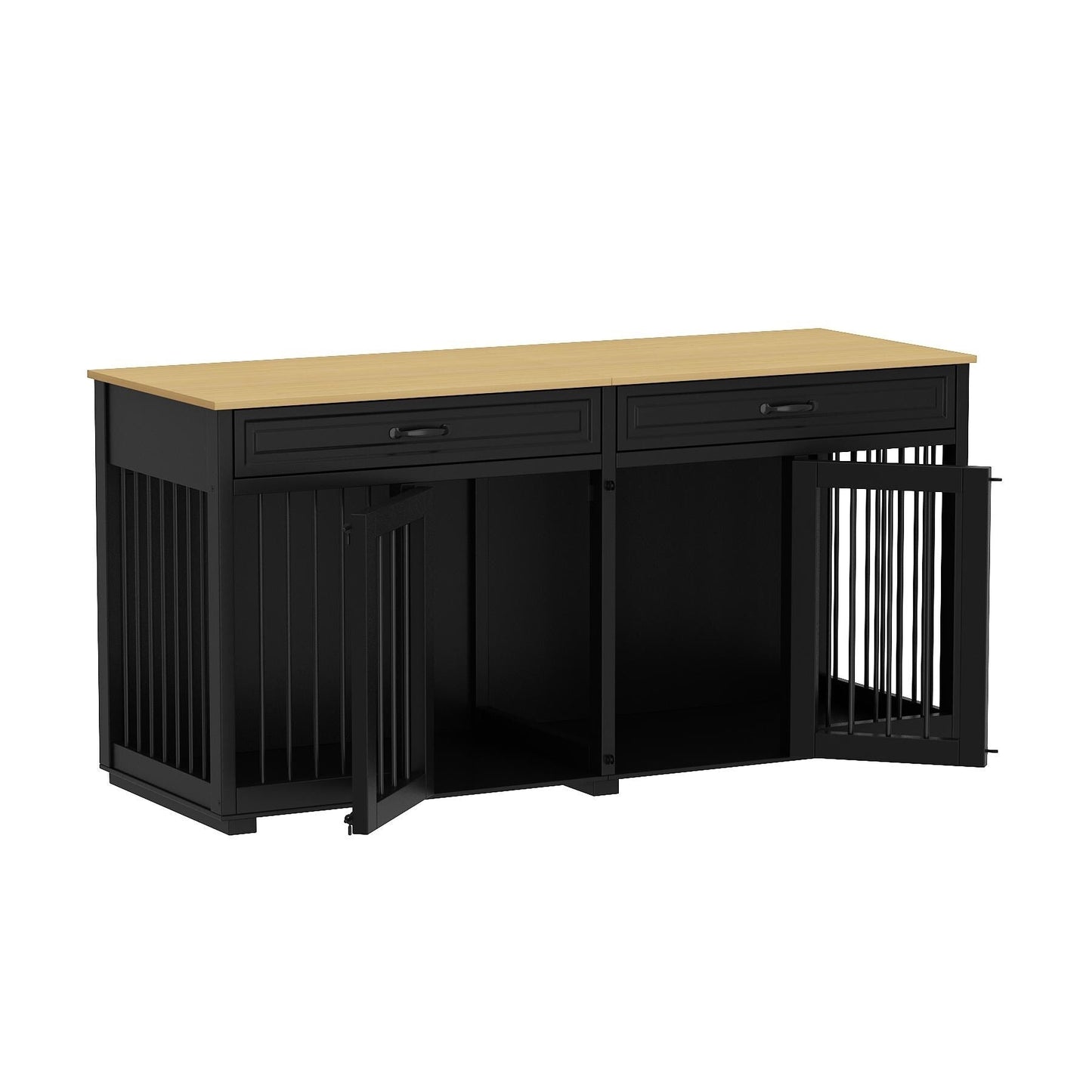 Meuble en bois pour chenil double pour chien avec 2 tiroirs et séparateur